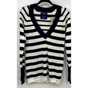 American Eagle Women's Sweater Large Blue Stripe V-Neck Knit Logo Y2K New NWT